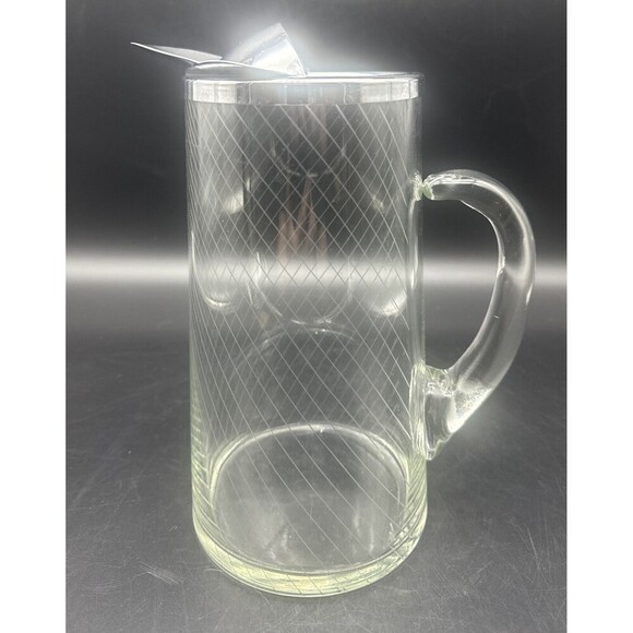 VTG MCM Patterned Glass Pitcher W/ Silver Ice Lip 9.5” - Picture 1 of 6
